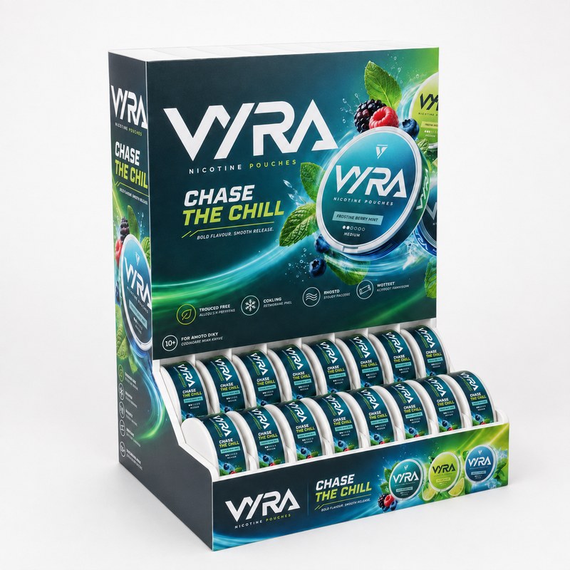 Stocked printed PVC nicotine pouch display with round cans, individual dividers and a tall dark teal and green header, left front view.