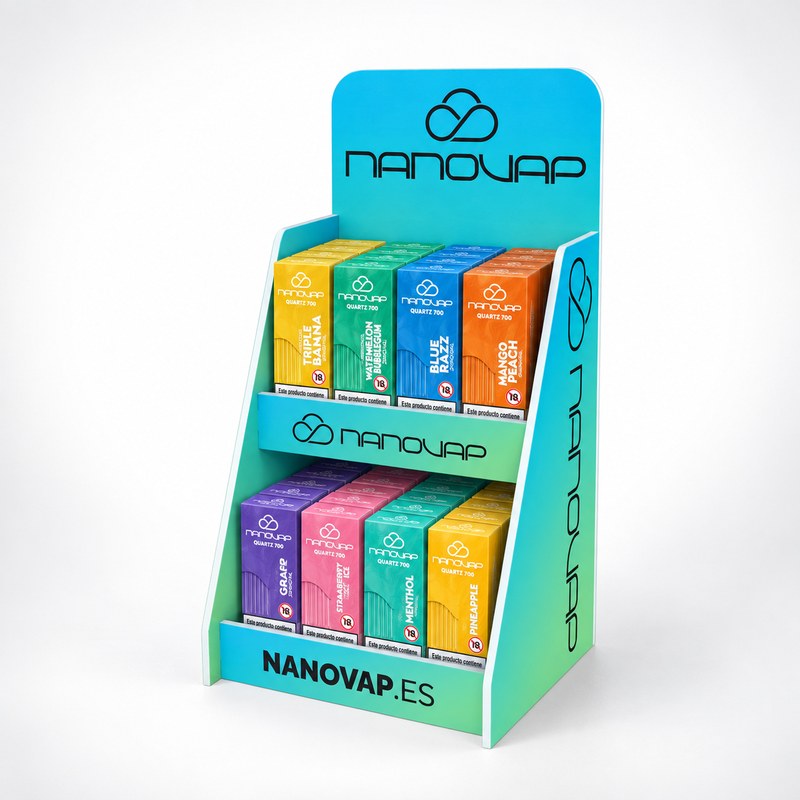 Teal PVC countertop display with two shelves of boxed vapes