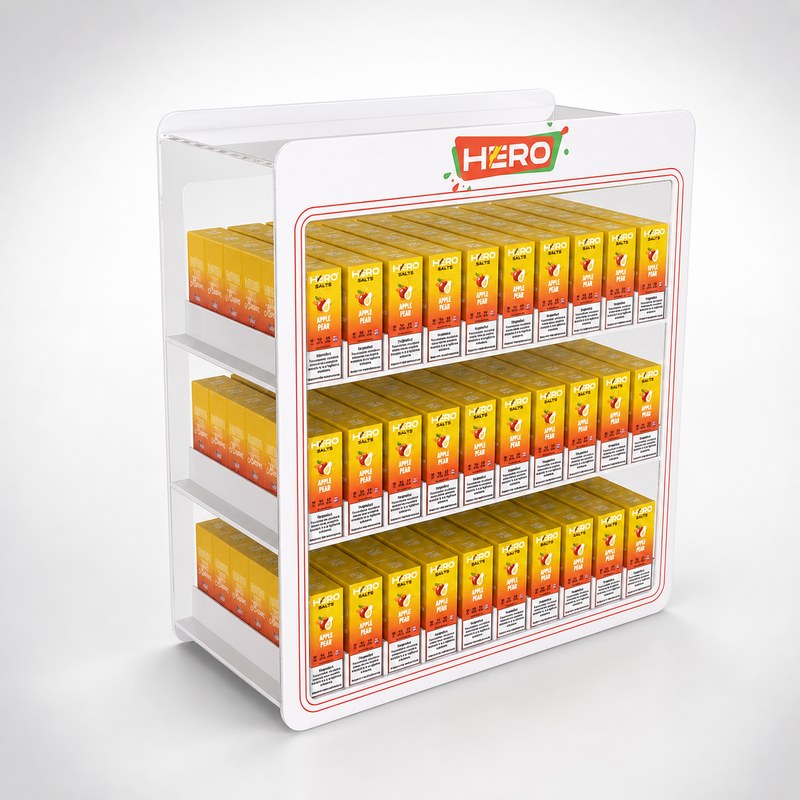 Stocked white and clear acrylic vape cabinet with three shelves, left front view.