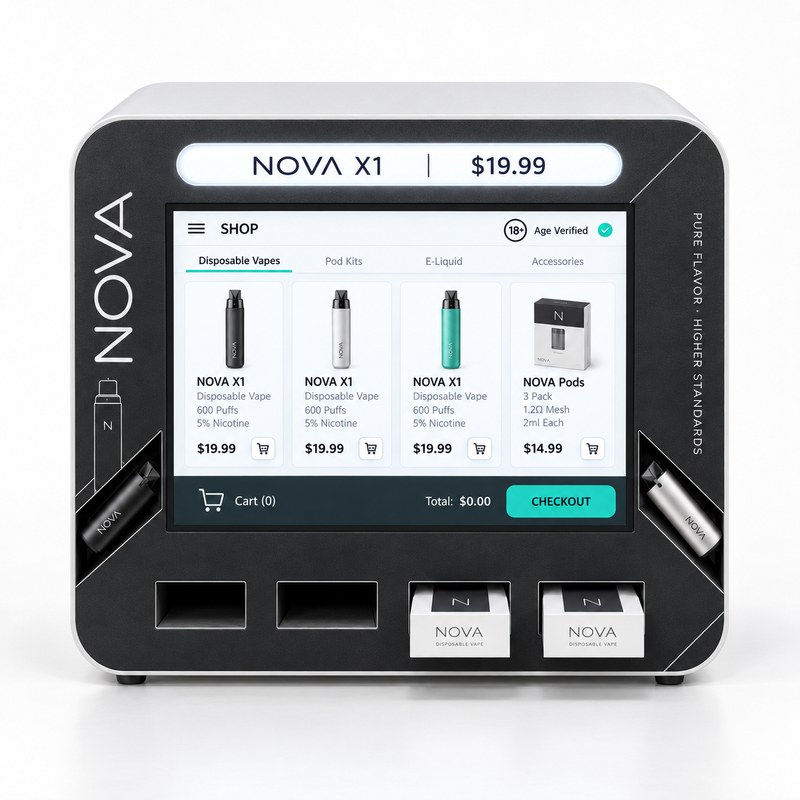 Compact white vape cabinet with rounded corners, a black front, a landscape screen and four openings, with two product boxes at the openings, front view.