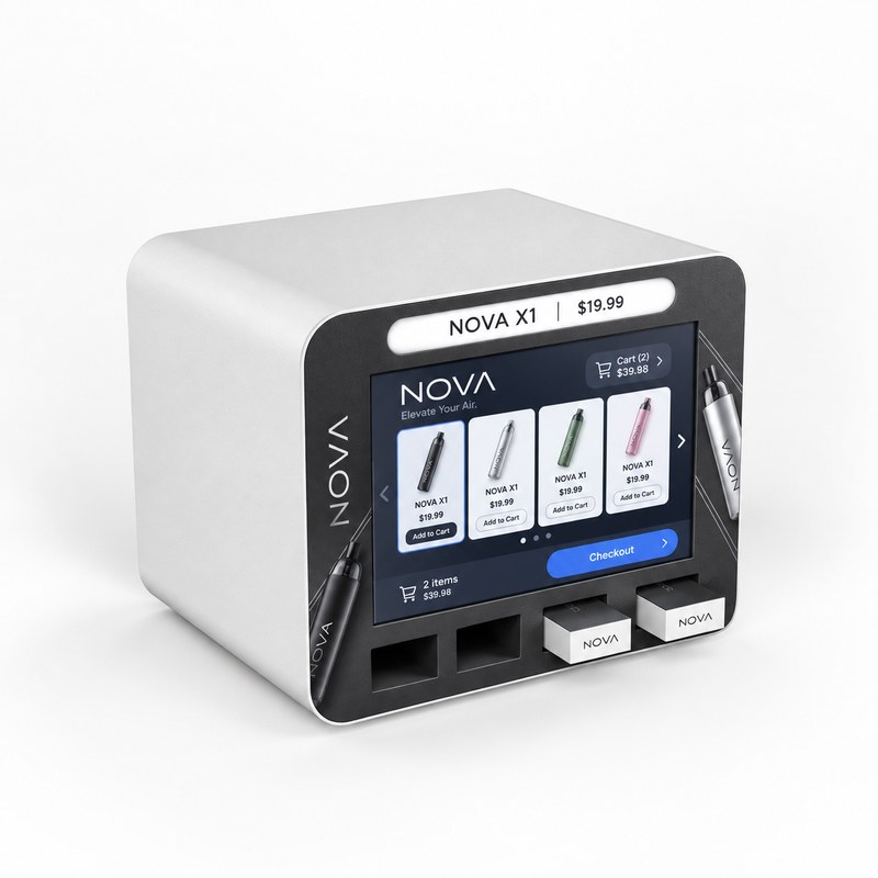 Compact white vape cabinet with rounded corners, a black front, a landscape screen and four openings, with two product boxes at the openings, left front view.