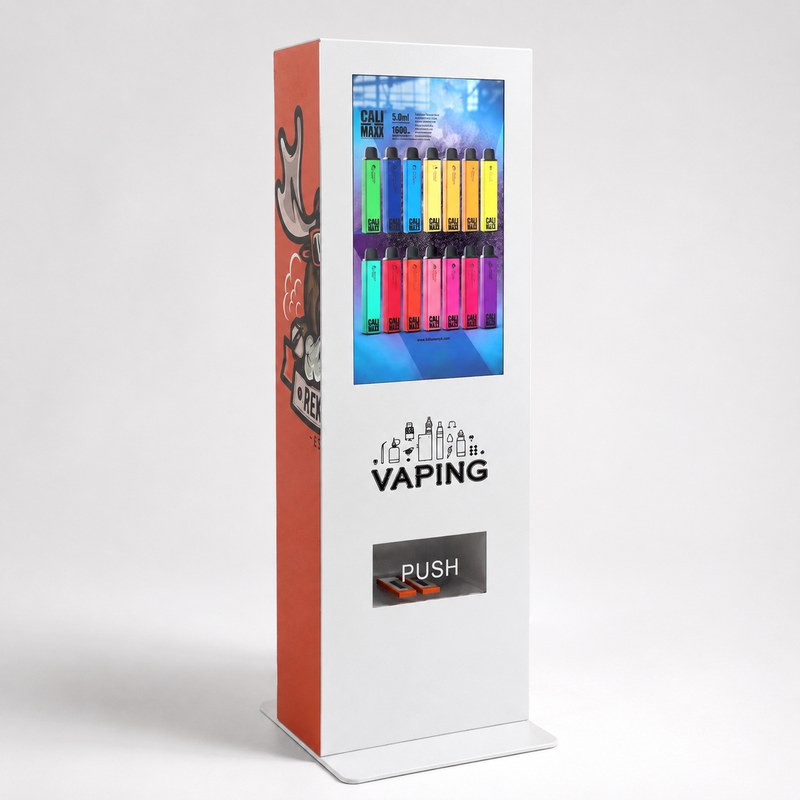 White metal vape cabinet with an orange printed side, a large advertising panel and one lower opening marked PUSH, left front view.