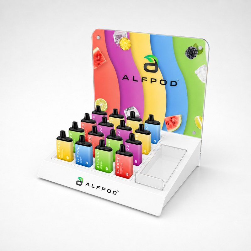 White acrylic countertop stand with individual slots for vape devices