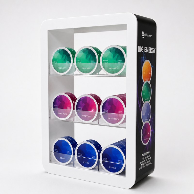 White three-tier countertop cabinet displaying round nicotine pouch cans