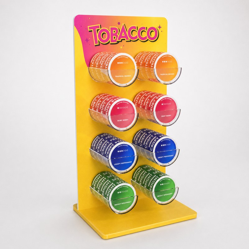 Stocked yellow acrylic nicotine pouch display with four tiers of cans in two columns, left front view.