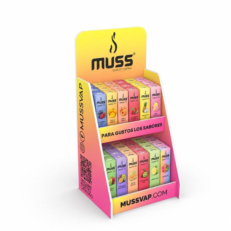 Stocked yellow-to-pink PVC two-tier countertop vape display with boxed products, a rounded printed header and printed side panels, left front view.