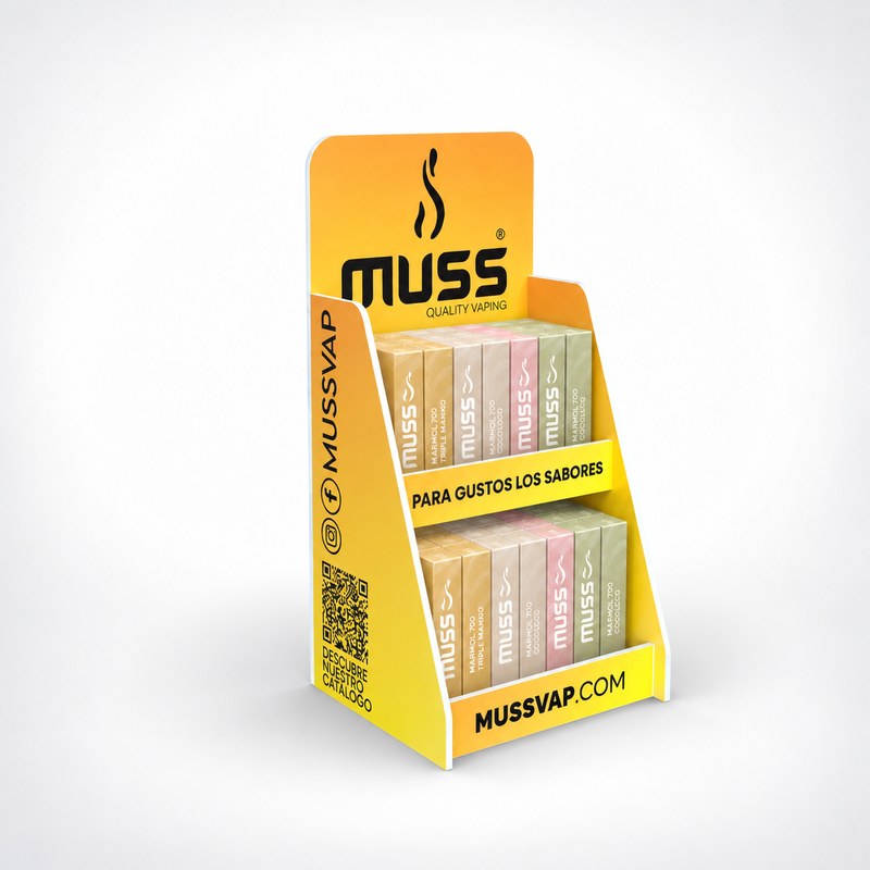 Stocked yellow PVC two-tier countertop vape display with boxed products, a rounded printed header and printed side panels, left front view.